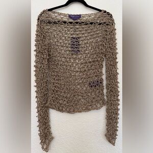 Ralph Lauren Purple Label Gold Metallic Hand Crocheted Boat Neck Sweater Size M